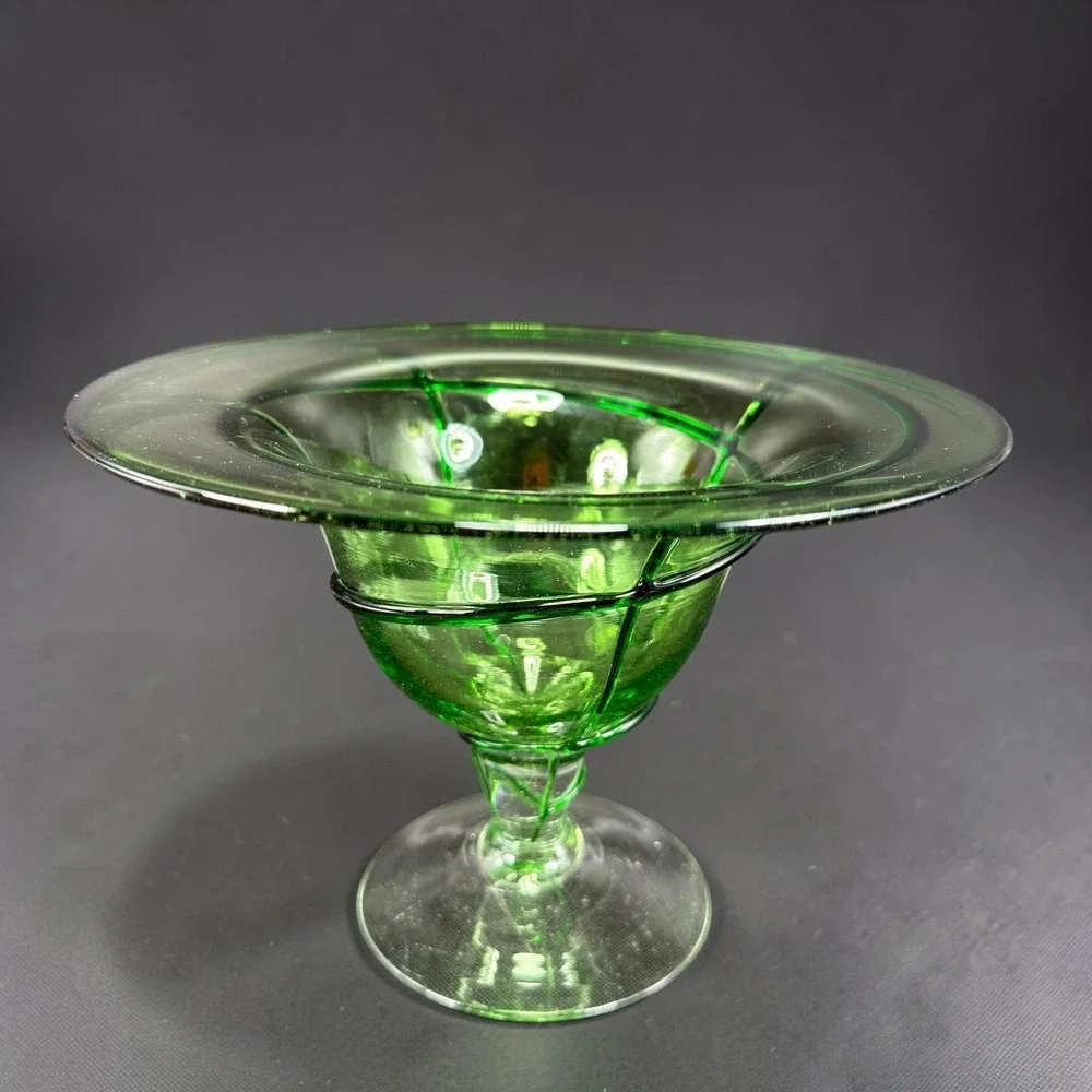 Aromatique Green Swirl Glass Bowl Mouth Blown 6x8 Made in USA Footed Centerpiece